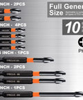 10 Pack Magnetic Phillips Bit Set PH2 Impact Magnetic Bits for Drill and Screwdriver, sizes 1" to 6", premium S2 steel.