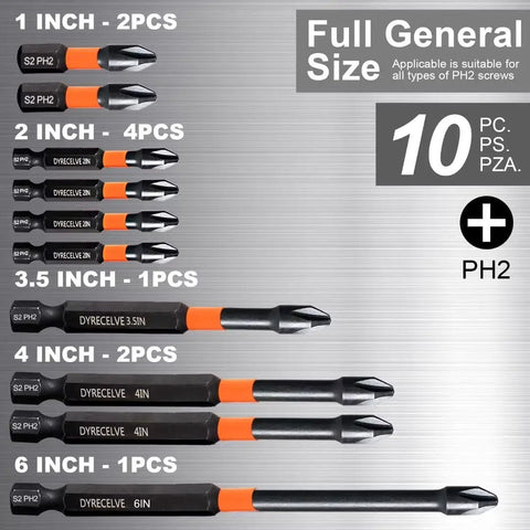10 Pack Magnetic Phillips Bit Set PH2 Impact Magnetic Bits for Drill and Screwdriver, sizes 1" to 6", premium S2 steel.