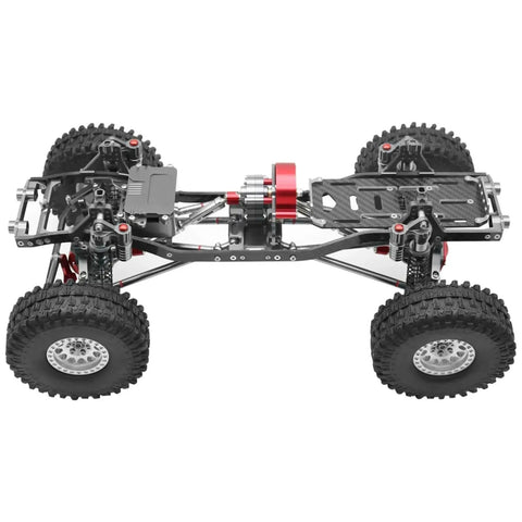 Beefed Up Carbon Fiber RC Car Chassis Frame Upgrade For SCX10 II Rock Crawler 1/10 with 4mm CNC Metal Girder, overhead view.