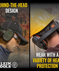Close-up of Behind-The-Head Ear Muffs With 25dB NRR Hearing Protection for Construction, Manufacturing on two people.