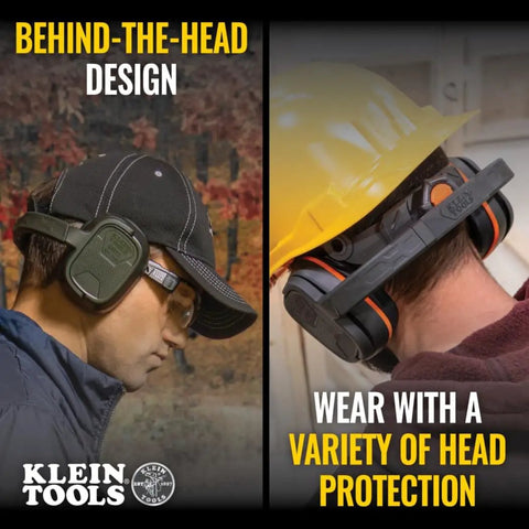 Close-up of Behind-The-Head Ear Muffs With 25dB NRR Hearing Protection for Construction, Manufacturing on two people.