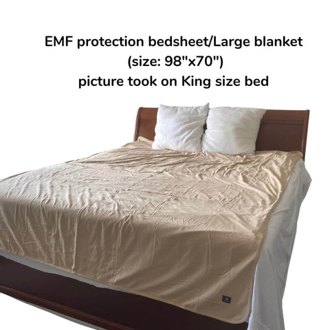 Ultra Cozy EMF Shielding Bed Blanket on King-size bed, 70x98 inches, organic cotton, silver lining, sleep safe technology.