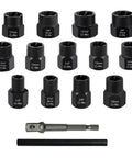 Knuckle Buster 15 Piece Impact Socket And Extraction Toolkit For Gnarled Bolts Heavy Duty Chrome Vanadium Construction with metric and standard sizes.