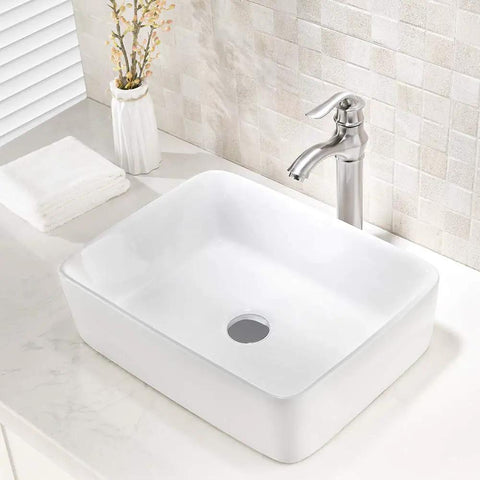 Rectangle Vessel Sink And Faucet Combo For Modern Bathrooms White Above Counter Basin 19 By 15 Inch Vanity Set With Brushed Nickel Faucet And Pop Up Drain Sleek Upgrade For Your Bathroom Daily Routine.