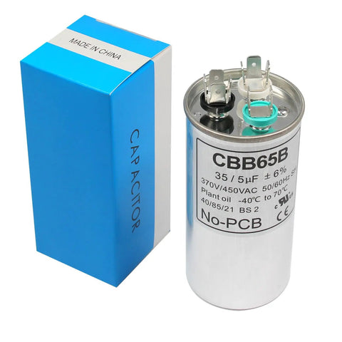 35 5 MFD Dual Run Capacitor For Air Conditioner CBB65 370 450 VAC Round Start Capacitor Replacement, with box, front view