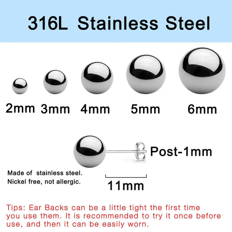 Silver 316L Stainless Steel Ball Stud Earrings Set 2mm To 6mm Range With 15 To 30 Pairs Dope Everyday Jewelry Hypoallergenic For Sensitive Skin Great Gift For Any Style, 2mm-6mm sizes