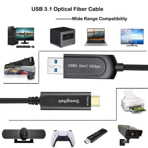 Heavy Duty 65 Foot Fiber Optic USB A To C Active Cable Cranks 10gbps sync speeds connecting various devices and peripherals.