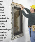 Worker applying All Weather Flashing Tape 9 In X 75 Ft Adhesive Backed With Split Liner Waterproof Seal to window frame