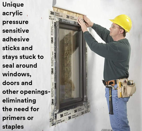 Worker applying All Weather Flashing Tape 6 Inch By 75 Foot Roll With Adhesive Backed Split Liner Waterproof Seal around window.