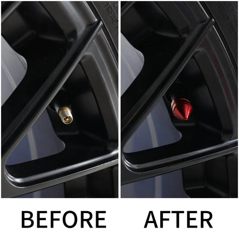 4 Pack Aluminum Alloy Tire Valve Caps For Cars Trucks SUVs And Motorcycles Red Universal Dustproof Valve Stem Caps With Rubber Gasket For Leak Free Performance before and after installation comparison