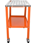 Tough As Nails Steel Welding Table 36 By 18 Inch Portable Workbench, orange steel frame with smooth top and easy roll casters.