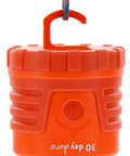 Orange 30 Day 1000 Lumen LED Lantern with Glow In The Dark Power Button and Built In Hook hanging, suitable for outdoor use