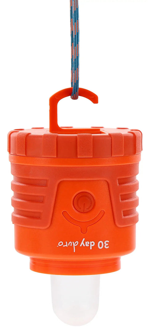 Orange 30 Day 1000 Lumen LED Lantern with Glow In The Dark Power Button and Built In Hook hanging, suitable for outdoor use
