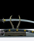 41 Inch Black Authentic Tachi Style Curved Handmade Japanese Samurai Katana Sword With T10 Carbon Steel Full Tang on display