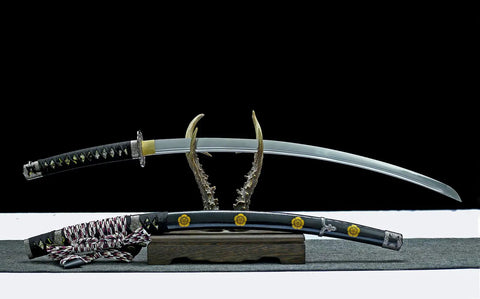 41 Inch Black Authentic Tachi Style Curved Handmade Japanese Samurai Katana Sword With T10 Carbon Steel Full Tang on display