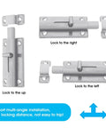 Two Pack Locks Down Tight Bathroom Stall Door Latch With 4 Inch Stainless Steel Slide Bolt Lock For Internal Doors shown in multiple angles.