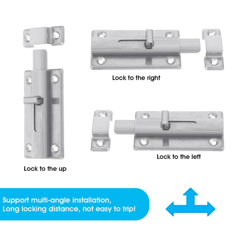 Two Pack Locks Down Tight Bathroom Stall Door Latch With 4 Inch Stainless Steel Slide Bolt Lock For Internal Doors shown in multiple angles.