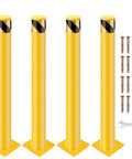 Four Pack Of 48 Inch Removable Steel Safety Bollards Built Like A Tank For Forklift Protection And Parking Barrier Security With Bright Yellow High Vis Stripes And No Sweat Setup. Yellow steel bollards and mounting hardware.