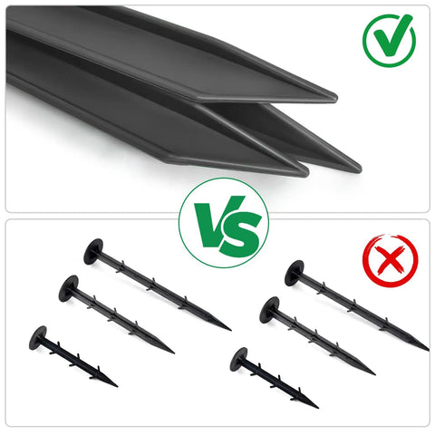 Comparison of 40 Pack Landscape Anchoring Stakes 10 Inch Garden Stakes, highlighting design differences in heavy-duty ABS outdoor stakes.