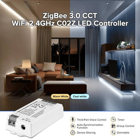 Living room with Zigbee 3.0 CCT WiFi 2.4GHz C02Z LED Controller for CCT Dual White PWM 3 Wire Strips on a table with dimmable lighting