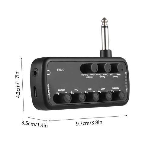 Mini Guitar Amp You Can Take Anywhere Portable Headphone Guitar Amp with dimensions shown, front control panel view.