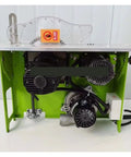 Rear view of Compact Desktop Wood Cutting Saw Featuring Hella Fast Cuts And Clean Dust Extraction For Smooth Bevel Adjustments.