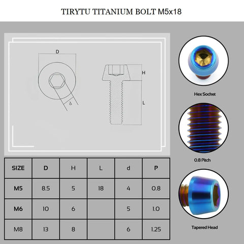 Diagram and details of Ultralight Titanium M5x18 Bolts With Tapered Head Hex Socket For Bike Stem And MTB Accessories Burnt Blue