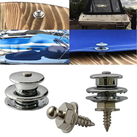 Collage of stainless steel quick release boat canvas snaps set upper and lower parts for RV canopies yacht covers boat tarps marine hardware kit with durable fasteners for marine use fits tarpaulins bimini tops and boat canopies installed on boats.