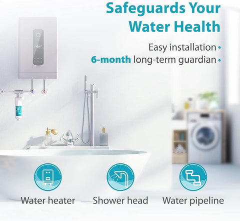 Whole House Scale Inhibitor Inline Water System with Food Grade Polyphosphate in bathroom preventing scale on water heater