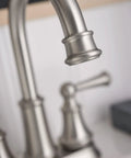 Close-up of Brecklyn Spot Resist Brushed Nickel Two-Handle Centerset Lavatory Faucet For 3-Hole Bathroom Sink