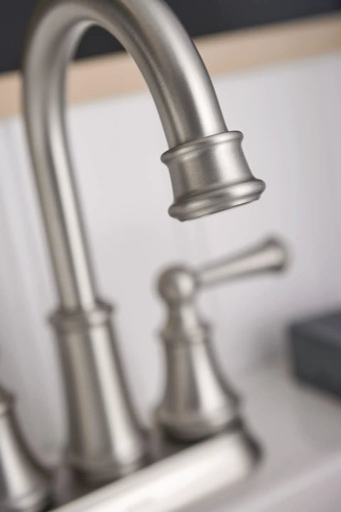 Close-up of Brecklyn Spot Resist Brushed Nickel Two-Handle Centerset Lavatory Faucet For 3-Hole Bathroom Sink