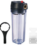 Ten Inch Whole House Slim Water Filter Housing With Pressure Relief Valve Three Quarter Inch NPT Brass Ports Fits Two And A Half Inch By Ten Inch Filters Clear See Through Housing includes wrench and bracket