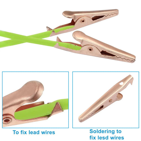 Pro Grade Copper Alligator Clips Set 35mm Insulated Crocodile Clips for Electrical Testing with green wire grips and smooth jaws