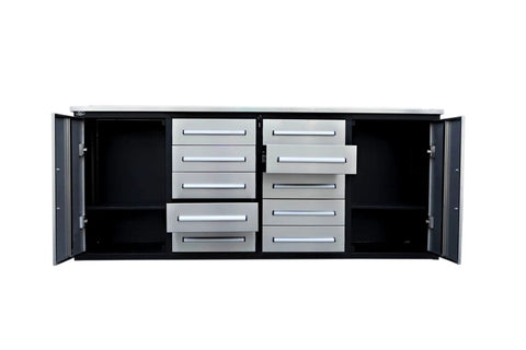 Heavy Duty Steel Tool Cabinet With Ten Locking Drawers And Non Slip Liners, front view with open drawers and doors.