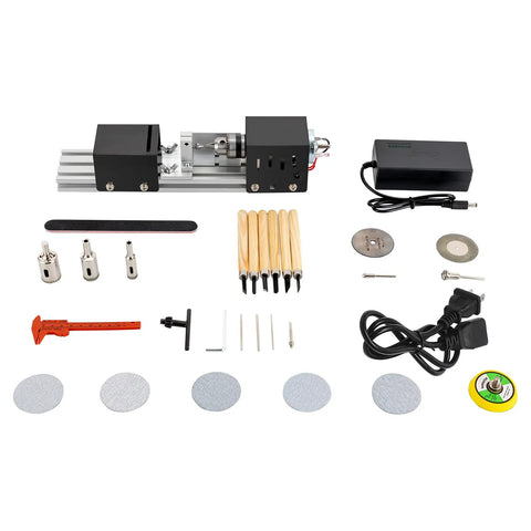 Mini Lathe Beads Polisher With Aluminum Alloy Body Offers 7 Speed Settings Up To 8000Rpm For Effortless Woodworking and DIY Craft Projects, includes accessories.
