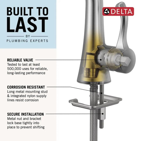 Diagram showing features of Chrome One-Hole Bathroom Faucet With Push-Pop Drain for Vanity Sinks, corrosion resistance, and valve durability.