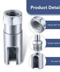 Push On Right Angle 90 Degree Grease Coupler For Auto Truck And Industrial Use With One Eighth Inch NPT Threads Slotted Grease Gun Coupler Beefy Durable Silver Lubrication Tool product details, showing 1/8-inch NPT threads and grease nipple fittings.
