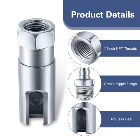 Push On Right Angle 90 Degree Grease Coupler For Auto Truck And Industrial Use With One Eighth Inch NPT Threads Slotted Grease Gun Coupler Beefy Durable Silver Lubrication Tool product details, showing 1/8-inch NPT threads and grease nipple fittings.