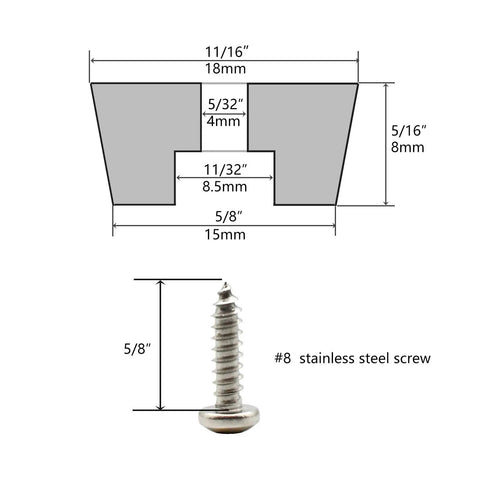 Detailed dimensions of Heavy Duty Rock Solid Screw On Rubber Feet For Cutting Boards and kitchen setup with #8 stainless steel screw.