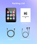 Packing list showing 64GB Kid Friendly MP3 Player No WiFi, 2.4 Inch Portable Music Player For Kids, manual, USB cable, earphones