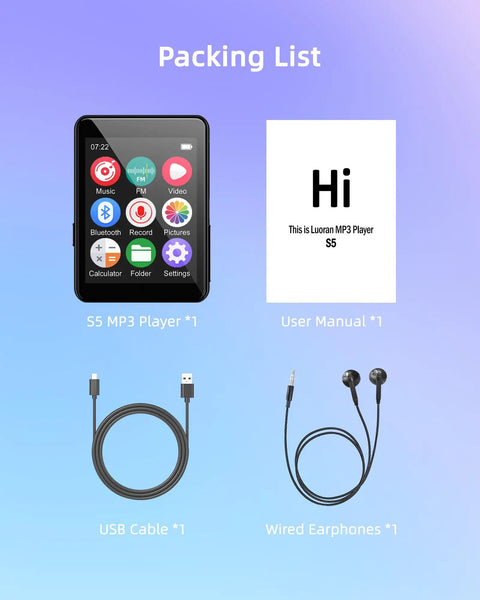 Packing list showing 64GB Kid Friendly MP3 Player No WiFi, 2.4 Inch Portable Music Player For Kids, manual, USB cable, earphones