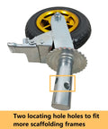 Bulletproof 8 Inch Rubber Scaffolding Caster Wheels 4 Pack showing dual locking brake mechanism and steel mounting for stability.