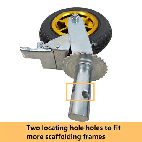 Bulletproof 8 Inch Rubber Scaffolding Caster Wheels 4 Pack showing dual locking brake mechanism and steel mounting for stability.