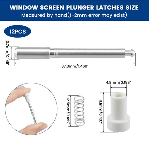 12 Pack Window Screen Plunger Latch Set With Aluminum Pins Springs And White Caps showing sizes of latches and springs for easy replacement.