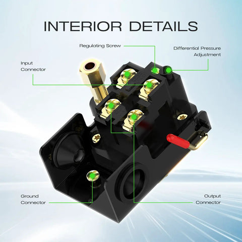 Interior view of Air Compressor Pressure Switch 90-125 PSI 26A With 1/4 NPT Thread, showing components and connections.