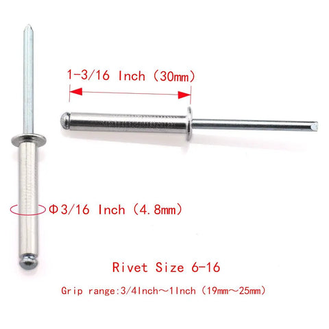 Aluminum Blind Rivet Set 60 Pcs 3/16 By 1-3/16 In Dome Head Open End Self Plugging Beefy Fasteners shown with measurements