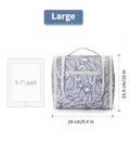 Hanging Toiletry Bag For Travel Makeup Organizer Unisex On The Go Large Size Blue Leaf Pattern next to tablet size comparison
