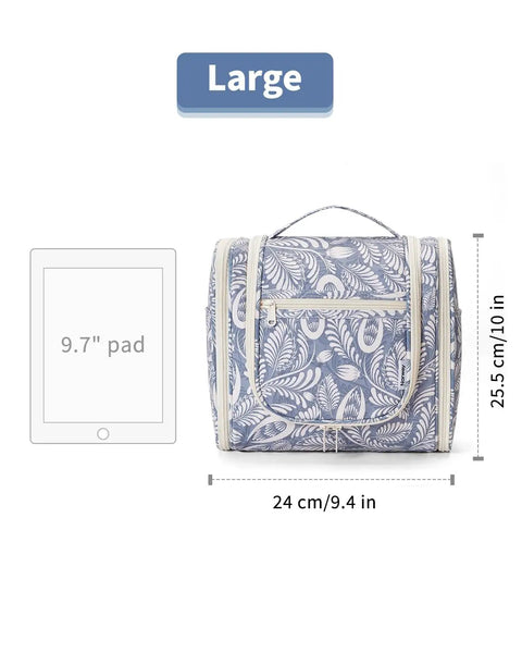 Hanging Toiletry Bag For Travel Makeup Organizer Unisex On The Go Large Size Blue Leaf Pattern next to tablet size comparison