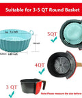7.5 Inch Round Air Fryer Silicone Liners 2 Pack Reusable For 3-5 Qt Pots Easy To Clean Keeps Your Air Fryer Clean No Mess Cleanup Nonstick Silicone Cups In Gray And Green shown with dimensions and compatibility for different quart sizes
