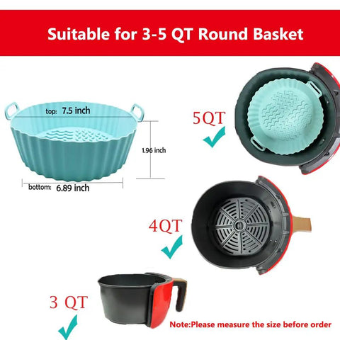 7.5 Inch Round Air Fryer Silicone Liners 2 Pack Reusable For 3-5 Qt Pots Easy To Clean Keeps Your Air Fryer Clean No Mess Cleanup Nonstick Silicone Cups In Gray And Green shown with dimensions and compatibility for different quart sizes